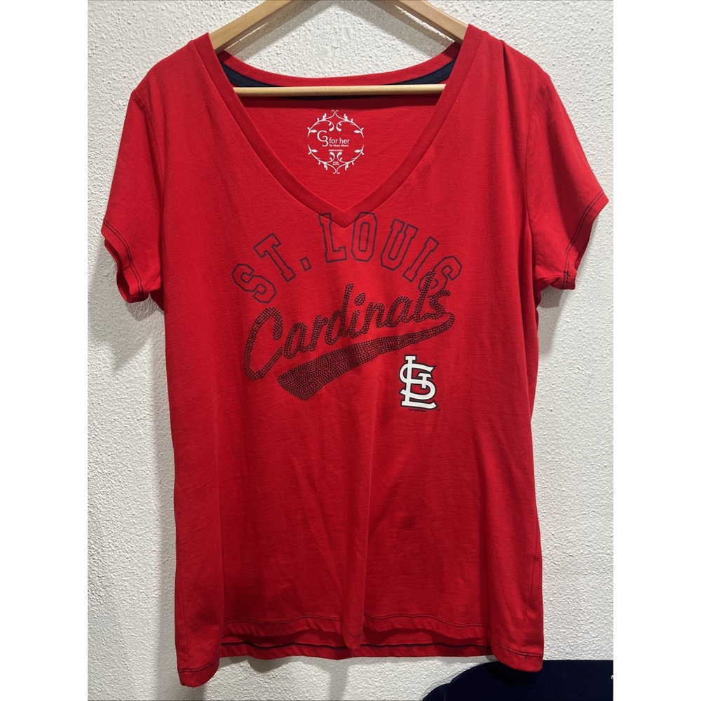 G-III For Her St. Louis Cardinals MLB Red V-Neck T-Shirt Women 2XL Rhinestone